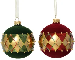 Thema Classic|Kerstballen|ohgreen Kerstbal glas glanzend, flock met ruitjespatroon