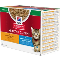 Kat Voeding|ohgreen Natvoer voor katten hill's science plan healthy cuisine kitten stoofpotje met kip en toegevoegde groenten, met zalm en toegevoegde groenten multipack 12x80g