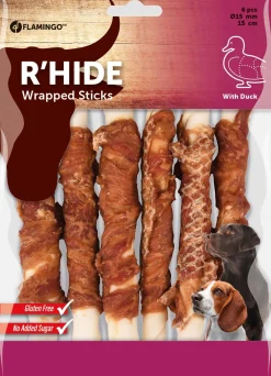 Hond Voeding|ohgreen R'hide duck wrapped stick 15mm 15cm 6st 180gr